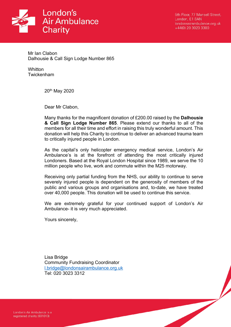 London Air Ambulance Update Dalhousie & Call Sign Lodge No. 865